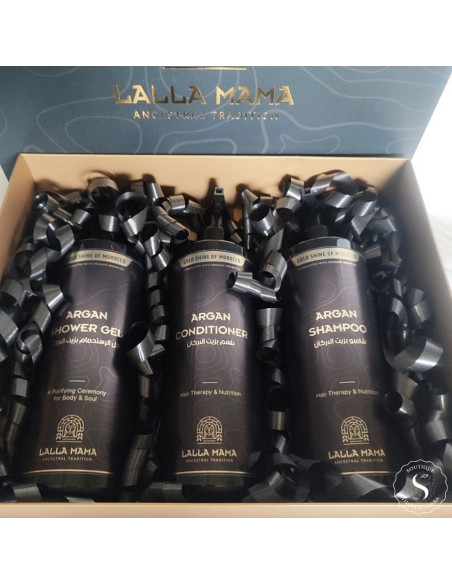 Coffret huile d’argan Gold Shine of Morocco 3 produits 400ml shampooing après-shampooing gel douche