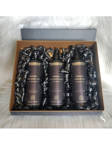 Coffret huile d’argan Gold Shine of Morocco 3 produits 400ml shampooing après-shampooing gel douche
